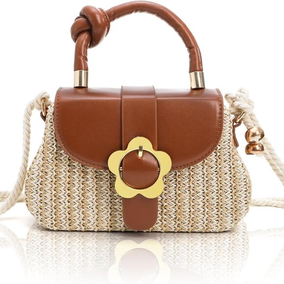 Handbags - Mini Straw Purse Small Beach Crossbody Handbag with Floral Buckle for Women